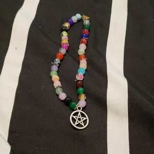 Multicolor Beaded Necklace with Silver Pentagram Pendant